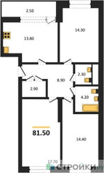 Планировка трехкомнатной(квартира) площадью 81.5 квадратных метров в ЖК “ЖК Рассказово”