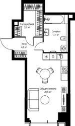Планировка студии(квартира) площадью 37.5 квадратных метров в ЖК “ЖК Веер”