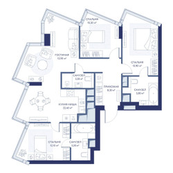 Планировка трехкомнатной(квартира) площадью 94.3 квадратных метров в ЖК “ЖК ХАЙДАУТ”