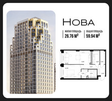 Планировка однокомнатной(квартира) площадью 59.94 квадратных метров в “ЖК НОВА”