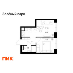 Планировка однокомнатной(квартира) площадью 30.5 квадратных метров в ЖК “ЖК Зеленый парк”