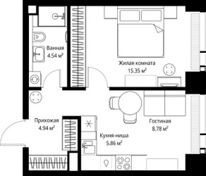 Планировка однокомнатной(квартира) площадью 39.47 квадратных метров в ЖК “ЖК Веер”