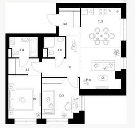 Планировка двухкомнатной(квартира) площадью 64.2 квадратных метров в ЖК “Нарвин”
