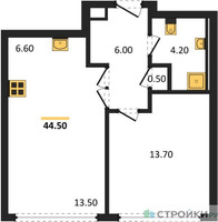 Планировка однокомнатной(квартира) площадью 44.5 квадратных метров в “ЖК High Life (Хай Лайф)”