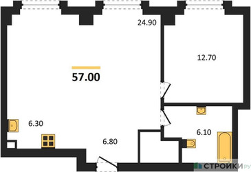 Планировка однокомнатной(квартира) площадью 57 квадратных метров в ЖК “ЖК АУРА”