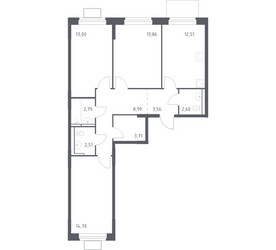 Планировка трехкомнатной(квартира) площадью 76.8 квадратных метров в ЖК “ЖК Новое Видное”