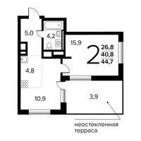 Планировка двухкомнатной(квартира) площадью 44.7 квадратных метров в “Новые Ватутинки. Заречный”