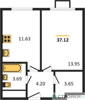 Планировка однокомнатной(квартира) площадью 36.8 квадратных метров в “ЖК Одинград. Квартал Семейный”