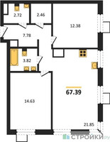 Планировка двухкомнатной(квартира) площадью 67.39 квадратных метров в “ЖК Квартал Тетрис”