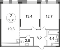 Планировка двухкомнатной(квартира) площадью 60.8 квадратных метров в “ЖК Первый Московский”