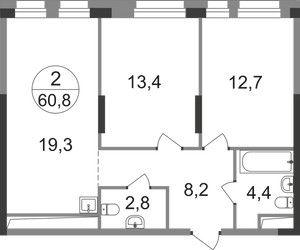 Планировка двухкомнатной(квартира) площадью 60.8 квадратных метров в ЖК “ЖК Первый Московский”