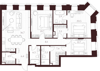 Планировка трехкомнатной(квартира) площадью 140.4 квадратных метров в ЖК “ЖК Климашкина 7/11”