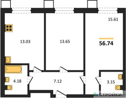 Планировка двухкомнатной(квартира) площадью 56.74 квадратных метров в “ЖК Бархат”