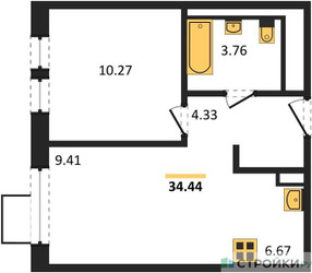 Планировка однокомнатной(квартира) площадью 34.44 квадратных метров в ЖК “ЖК Квартал Ивакино”