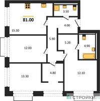 Планировка трехкомнатной(квартира) площадью 81 квадратных метров в “ЖК Равновесие”