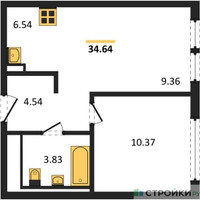 Планировка однокомнатной(квартира) площадью 34.64 квадратных метров в “ЖК Остафьево”