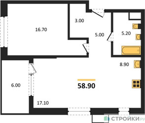 Планировка однокомнатной(квартира) площадью 58.9 квадратных метров в ЖК “ЖК Дзен-кварталы”