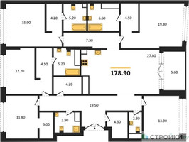 Планировка 4+ комнатной(квартира) площадью 178.9 квадратных метров в “Клубный дом РЕКА”