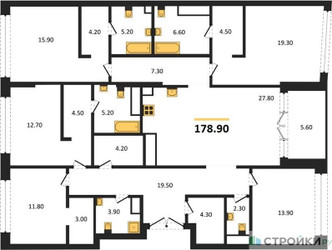 Планировка 4+ комнатной(квартира) площадью 178.9 квадратных метров в ЖК “Клубный дом РЕКА”