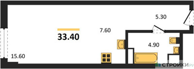 Планировка студии(квартира) площадью 33.4 квадратных метров в ЖК “ЖК Крылатская 33”
