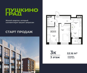 Планировка трехкомнатной(квартира) площадью 53.16 квадратных метров в ЖК “ЖК Пушкино Град”