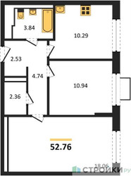 Планировка двухкомнатной(квартира) площадью 52.76 квадратных метров в “ЖК Новое Видное”