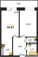 Планировка однокомнатной(квартира) площадью 44.97 квадратных метров в “Зеленый Оазис - Город”