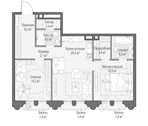 Планировка двухкомнатной(квартира) площадью 83 квадратных метров в ЖК “Клубный квартал "Фрунзенская набережная"”
