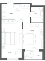Планировка однокомнатной(квартира) площадью 37.7 квадратных метров в “ЖК Равновесие”