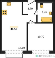 Планировка однокомнатной(квартира) площадью 36.5 квадратных метров в “ЖК Равновесие”