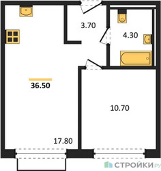 Планировка однокомнатной(квартира) площадью 36.5 квадратных метров в ЖК “ЖК Равновесие”