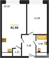 Планировка однокомнатной(апартаменты) площадью 41.94 квадратных метров в “ЖК Пятницкое 58 (Перец)”