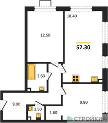 Планировка двухкомнатной(квартира) площадью 57.3 квадратных метров в ЖК “ЖК Лучи-2”