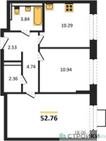 Планировка двухкомнатной(квартира) площадью 52.76 квадратных метров в “ЖК Новое Видное”