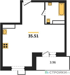 Планировка однокомнатной(квартира) площадью 35.51 квадратных метров в ЖК “ЖК Радость (Радумля Парк)”