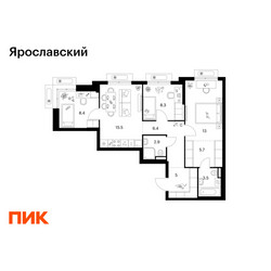 Планировка трехкомнатной(квартира) площадью 68.7 квадратных метров в ЖК “ЖК Ярославский”