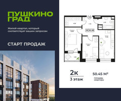 Планировка двухкомнатной(квартира) площадью 50.38 квадратных метров в “ЖК Пушкино Град”