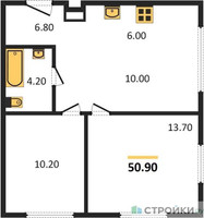 Планировка двухкомнатной(квартира) площадью 50.9 квадратных метров в “ЖК Новый Зеленоград”