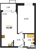 Планировка однокомнатной(квартира) площадью 42.8 квадратных метров в “ЖК Прокшино”