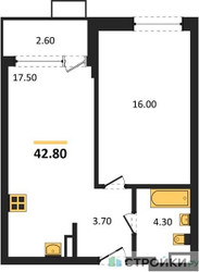 Планировка однокомнатной(квартира) площадью 42.8 квадратных метров в ЖК “ЖК Прокшино”