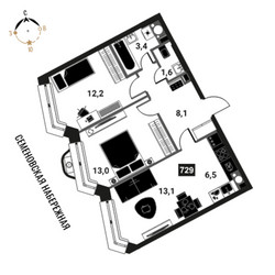 Планировка трехкомнатной(квартира) площадью 57.9 квадратных метров в ЖК “ЖК Интеллигент”