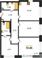 Планировка трехкомнатной(квартира) площадью 72.05 квадратных метров в “ЖК Sezar City (Сезар Сити)”