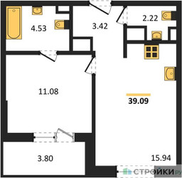 Планировка однокомнатной(квартира) площадью 39.09 квадратных метров в ЖК “ЖК Светлый мир Станция Л”