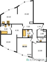 Планировка трехкомнатной(квартира) площадью 88.6 квадратных метров в “ЖК ROTTERDAM (Роттердам)”