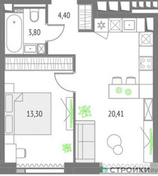Планировка однокомнатной(квартира) площадью 41.91 квадратных метров в ЖК “ЖК Upside Towers (Апсайд Тауэрс)”