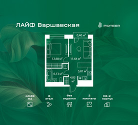 Планировка двухкомнатной(квартира) площадью 40.69 квадратных метров в ЖК “Жилой квартал Лайф Варшавская”
