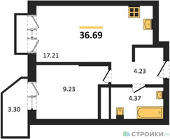 Планировка однокомнатной(квартира) площадью 36.69 квадратных метров в “ЖК ВОСТОК II”