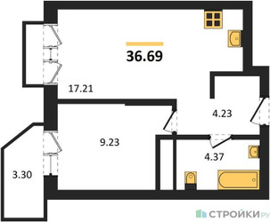 Планировка однокомнатной(квартира) площадью 36.69 квадратных метров в ЖК “ЖК ВОСТОК II”