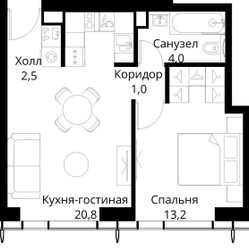 Планировка однокомнатной(квартира) площадью 41.5 квадратных метров в ЖК “ЖК Сити Бэй”