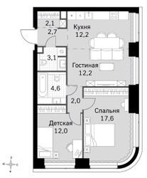 Планировка трехкомнатной(квартира) площадью 68.9 квадратных метров в ЖК “ЖК Amber City (Амбер Сити)”